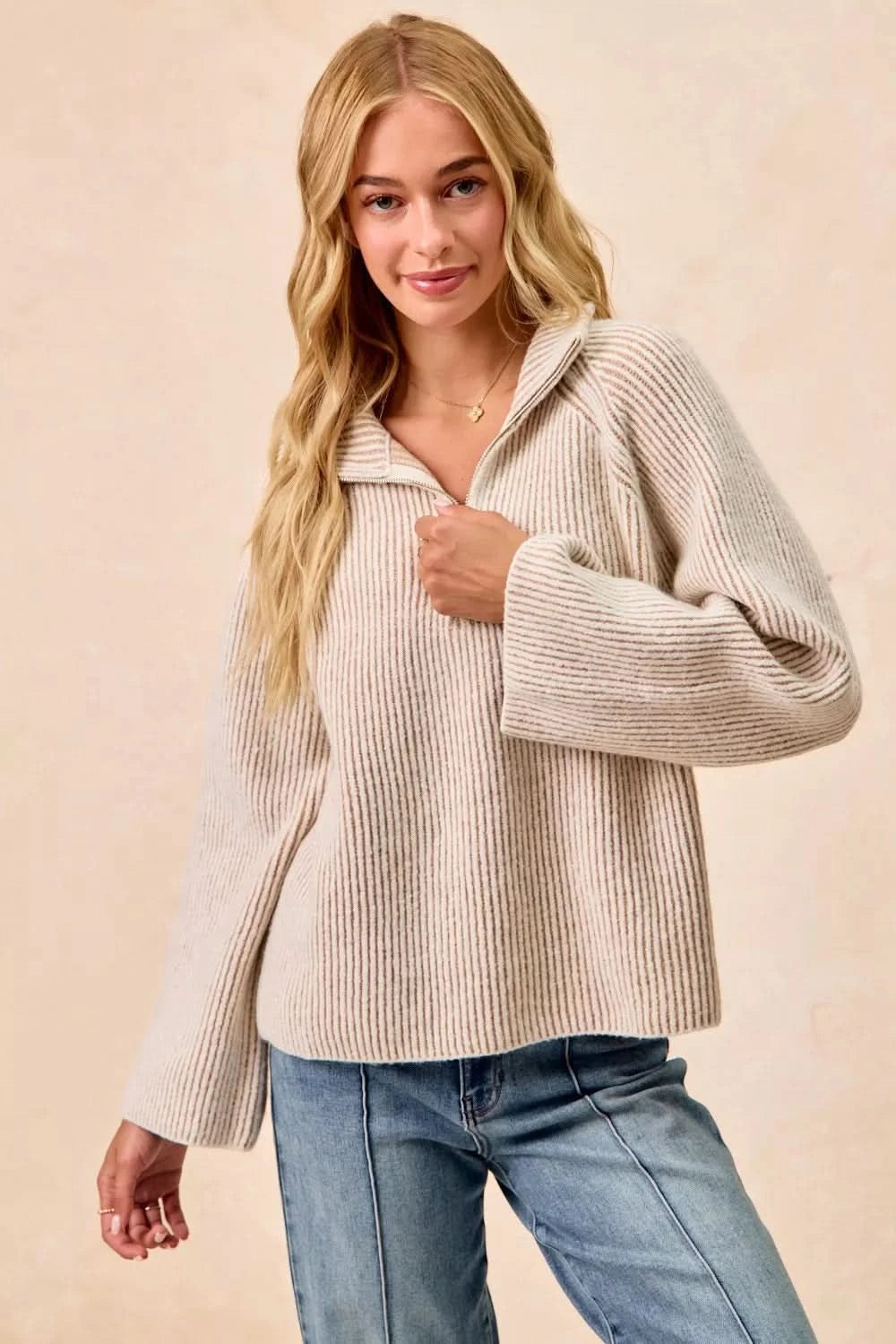 BiBi Two Tone Rib Texured Knit Collared Top with Zip Up in - photo