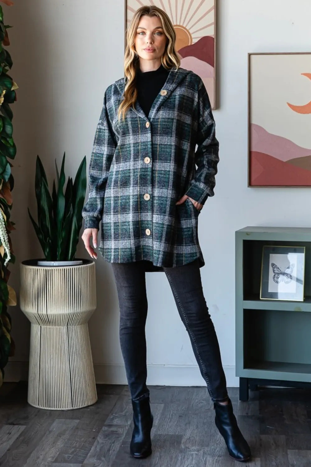Heimish Plaid Button Down Long Sleeve Hooded Cardigan - SwagglyLife Home & Fashion