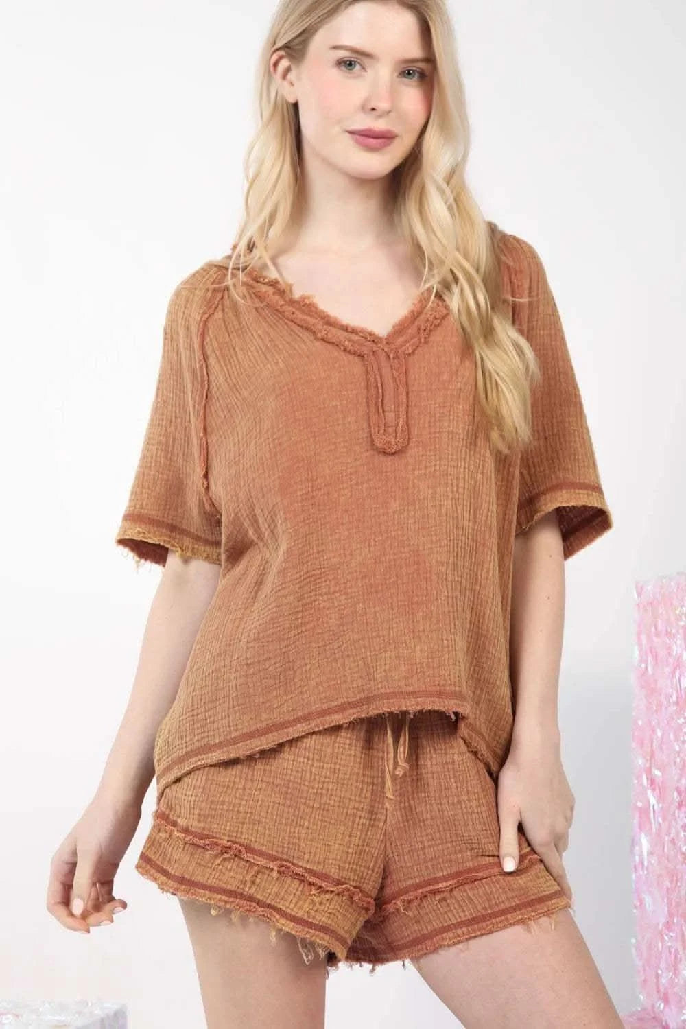 VERY J Washed Cotton Crinkle Gauze Top and Shorts Set in Mocha - photo