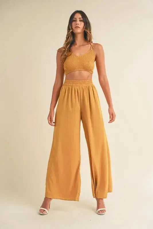 MABLE Smocked Bralette Crop Top and Wide Leg Pants Set - SwagglyLife Home & Fashion MABLE Smocked Bralette Crop Top and Wide Leg Pants Set - SwagglyLife Home & Fashion