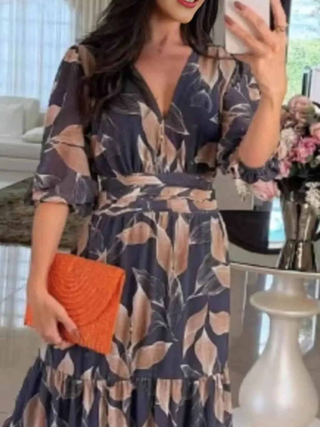 Full Size Printed V-Neck Maxi Dress with Tiered Hemline Plus Size - SwagglyLife Home & Fashion