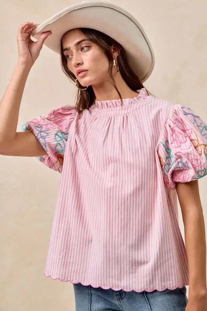 BiBi Embroidery Bubble Sleeve Top With Bottom Scallop Detail in - photo