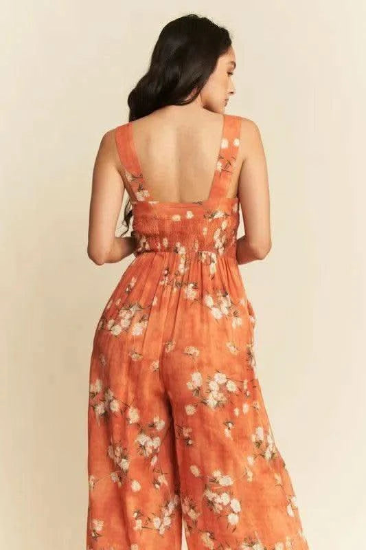 Davi & Dani Floral Ruffle Square Neck Smocking Bodice Jumpsuit - SwagglyLife Home & Fashion