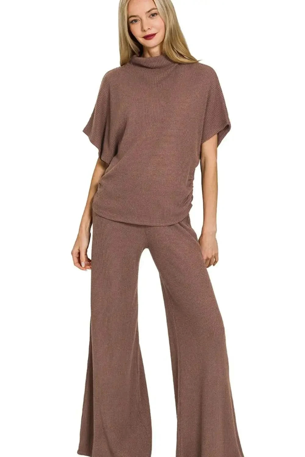 Zenana Sweater Mock Neck Top & Long Pants Set in BROWN - photo