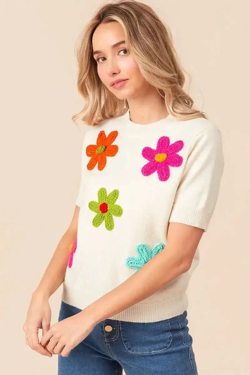 BiBi Crochet Flower Patch Sweater Top in - photo