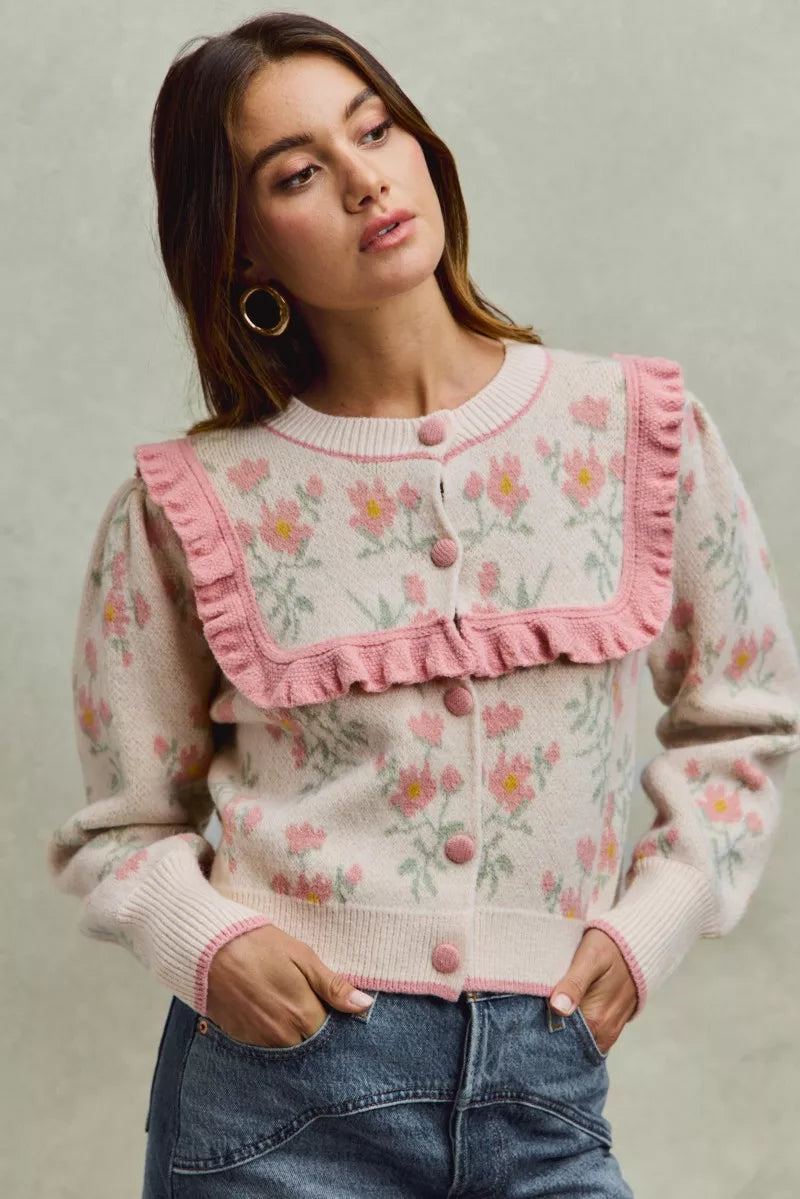 SO ME Flower With Ruffle Detailing Sweater Cardigan in - photo