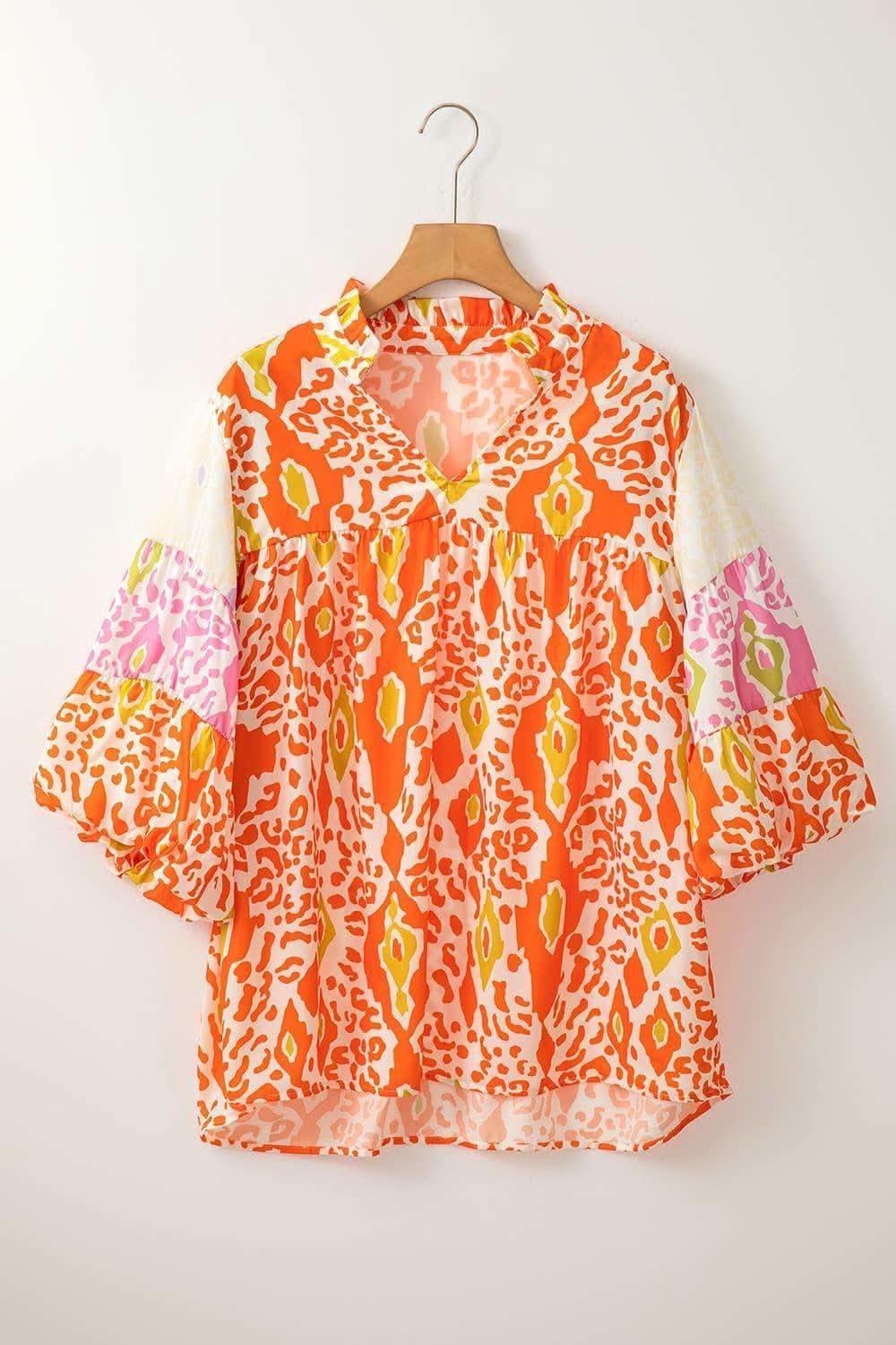Annabelle Printed Notched Half Sleeve Blouse - SwagglyLife Home & Fashion