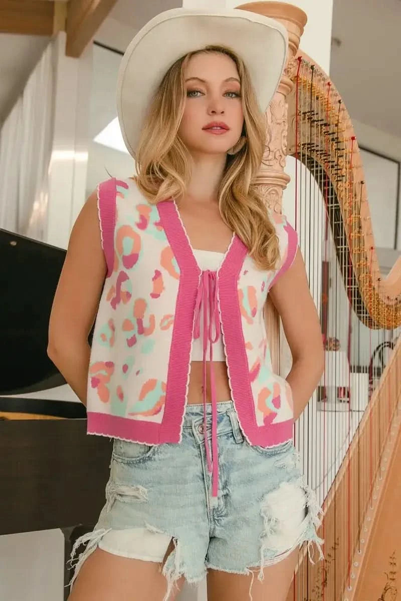 BiBi Leopard Sweater Vest With Front Tie and Scallop Detail - SwagglyLife Home & Fashion