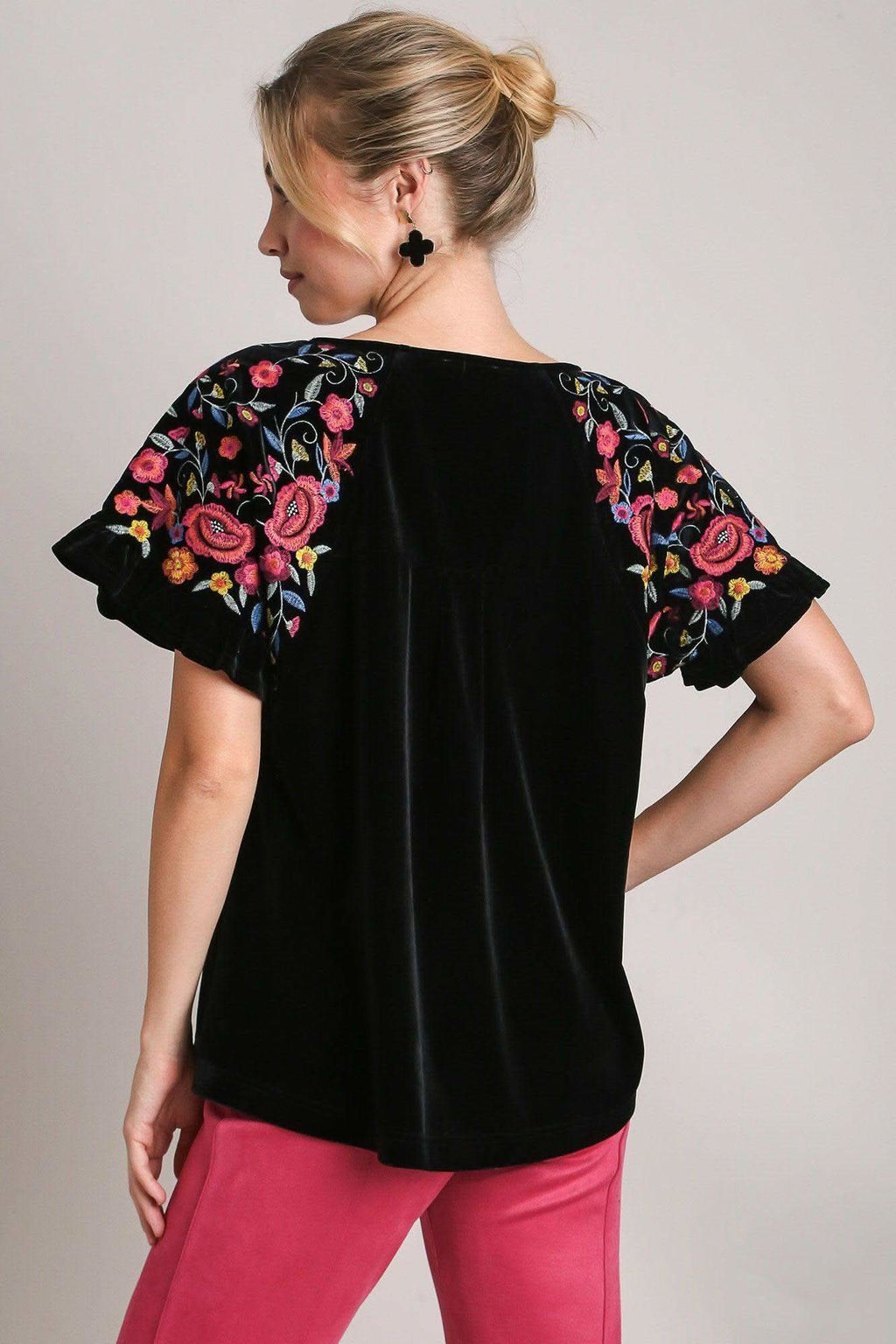 Umgee Full Size Velvet Embroidery Short Sleeve Blouse - SwagglyLife Home & Fashion
