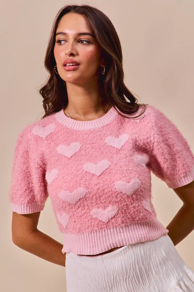 SO ME All Over Heart Valentine Cropped Sweater in - photo