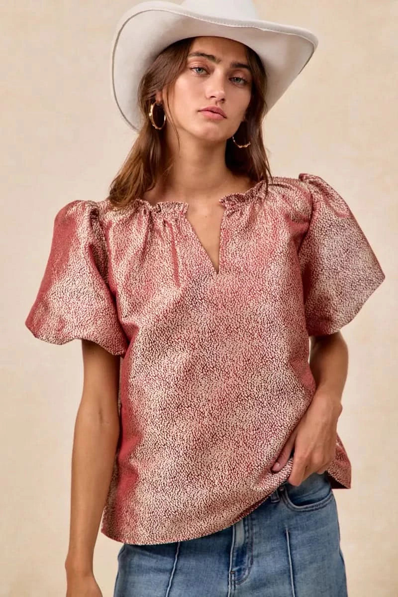 BiBi Jacquard Woven Short Balloon Sleeves V Neck Top in - photo