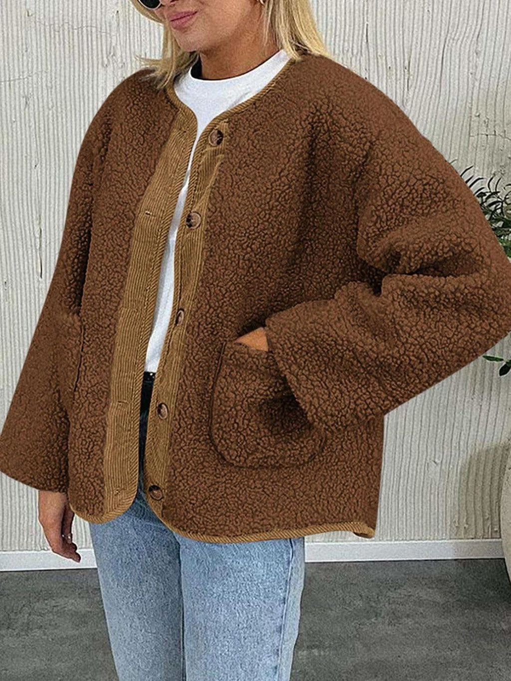 Contrast Button Up Sherpa Jacket with Pockets in - photo