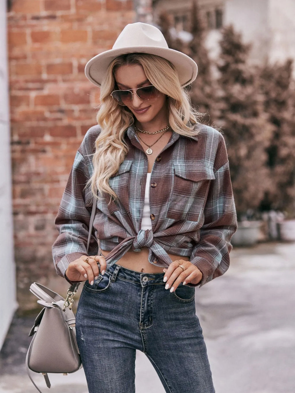 Plaid Button-Down Long Sleeve Shirt in Brown Green - photo