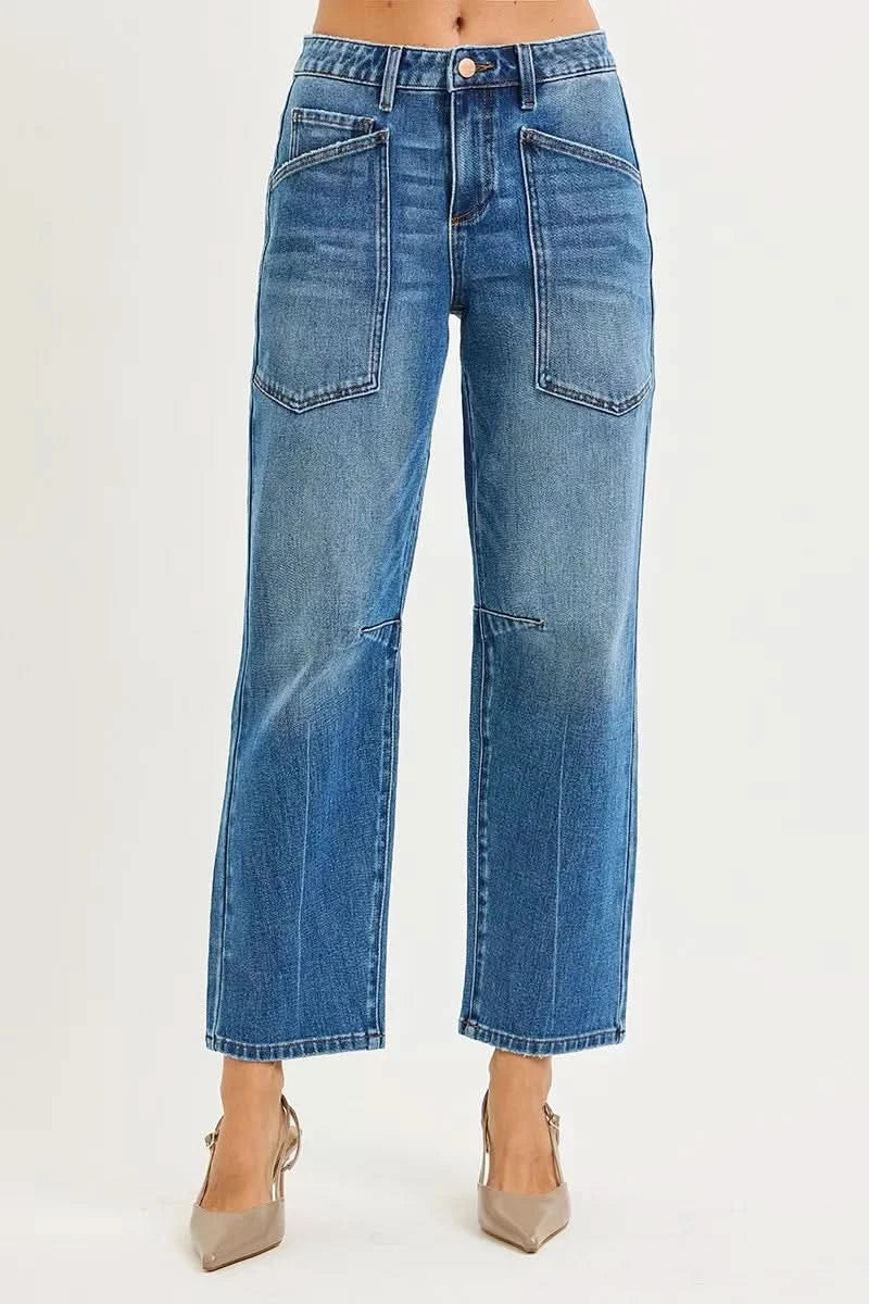 RISEN 4 Way Stretch Mid Rise Barrel Jeans with Patch Pocket Detail in DARK - photo