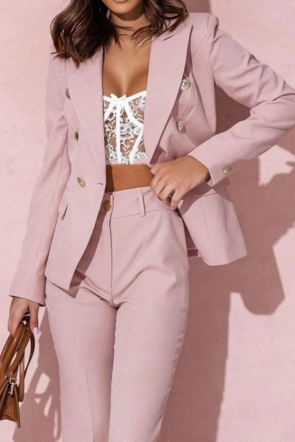 Full Size Lapel Collar Long Sleeve Blazer and Pants Set Plus Size in Dusty Pink - photo