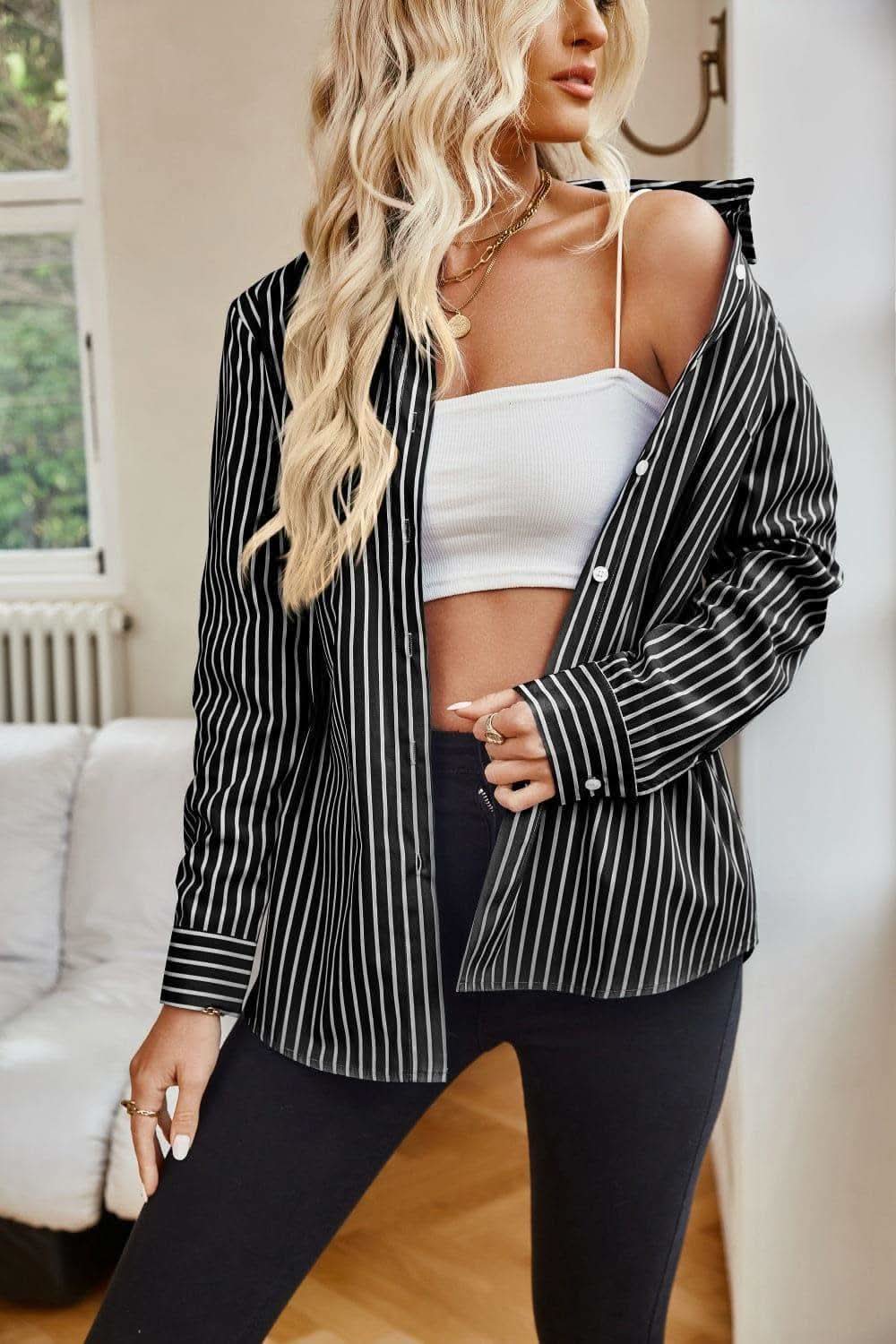Striped Button Up Long Sleeve Shirt - SwagglyLife Home & Fashion