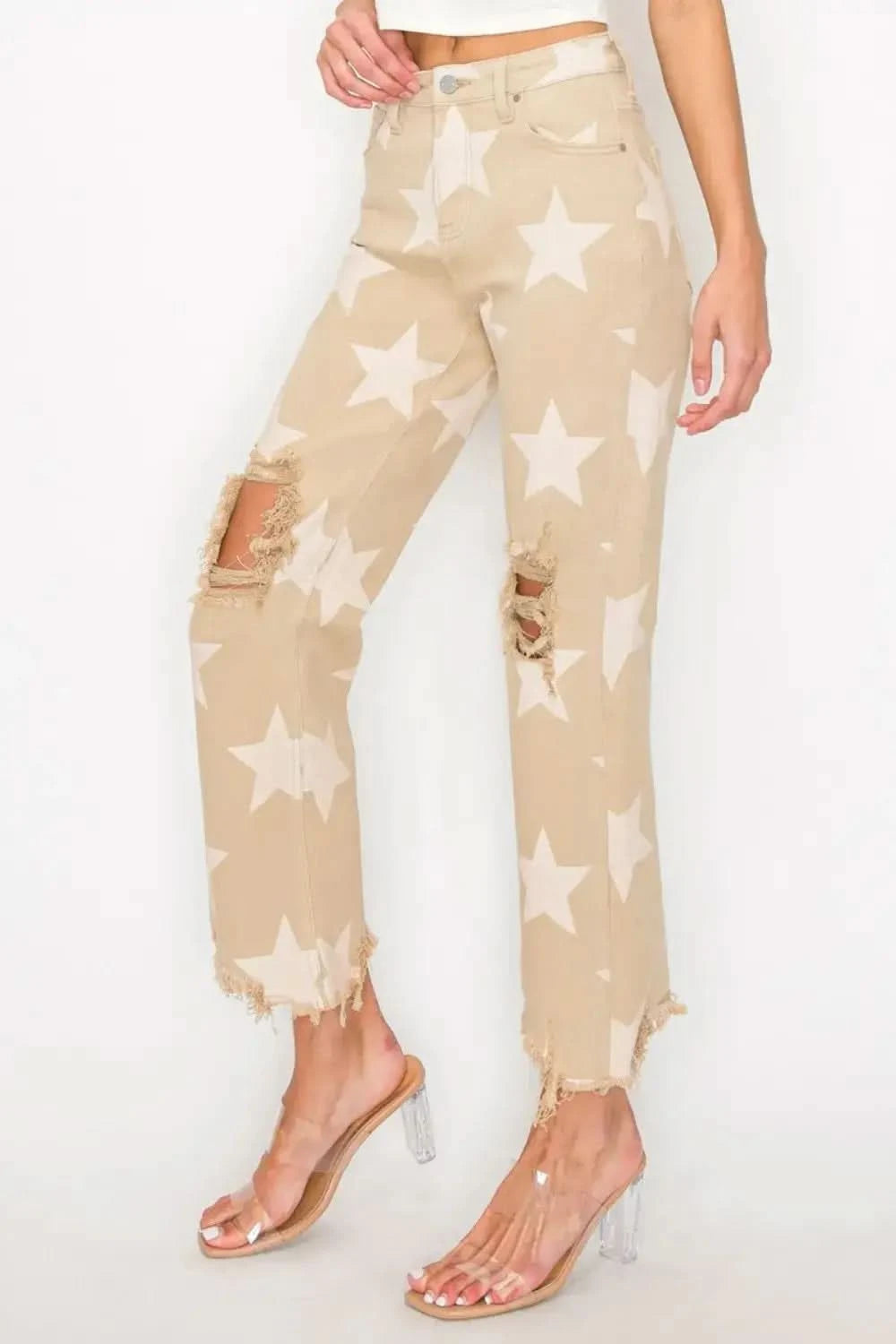 RISEN Full Size High Rise Star Printed Frayed Hem Jeans in - photo