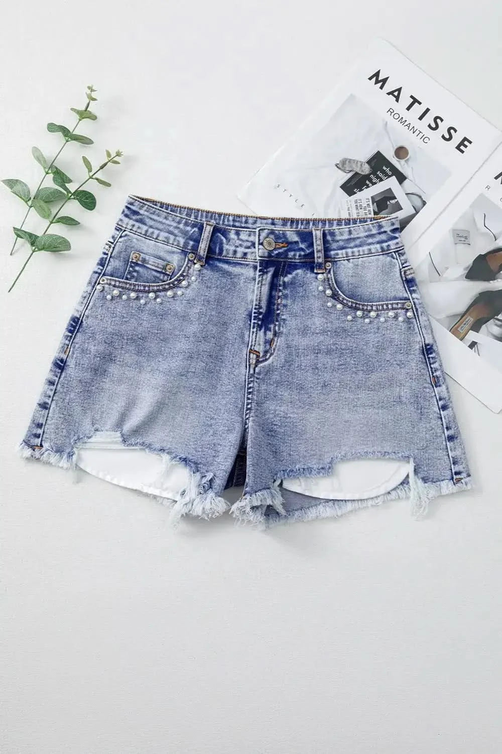 Pearl Studded Pockets Raw Hem Denim Shorts - SwagglyLife Home & Fashion