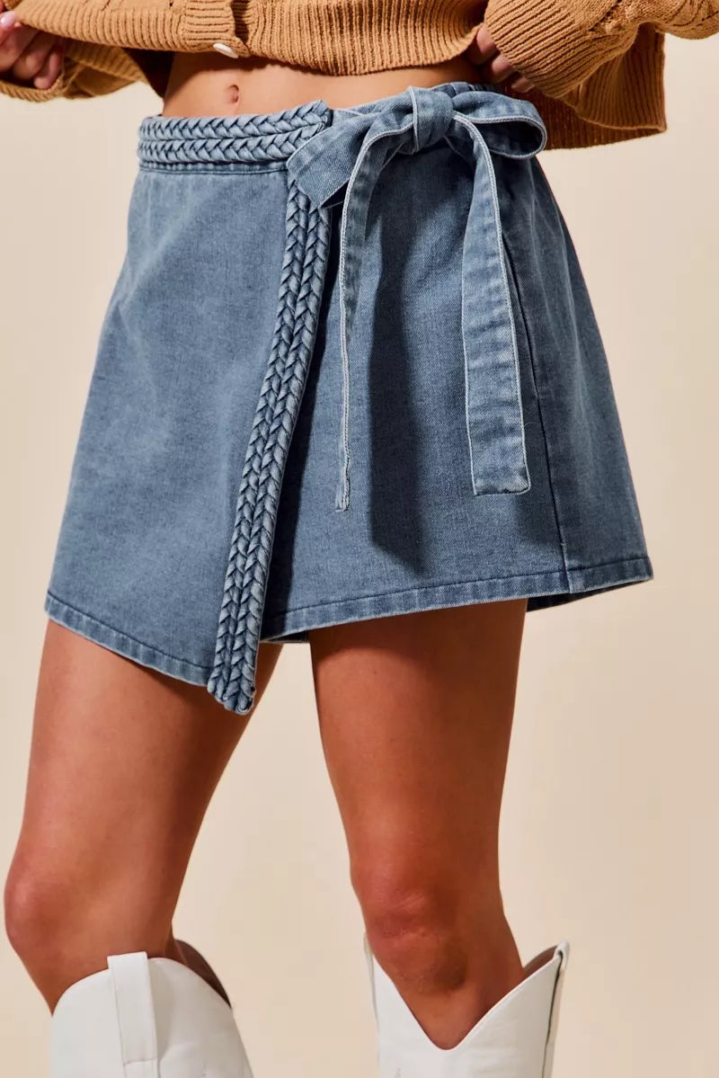 SO ME Wrap Braided Trimmed Denim Skort in BLUE - photo