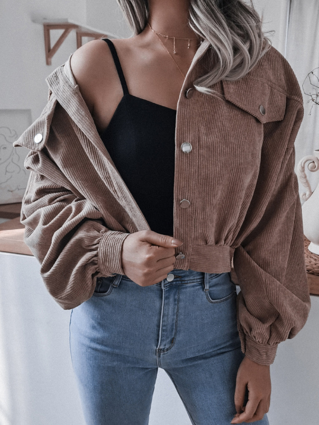 Lantern Sleeve Cropped Corduroy Jacket in - photo