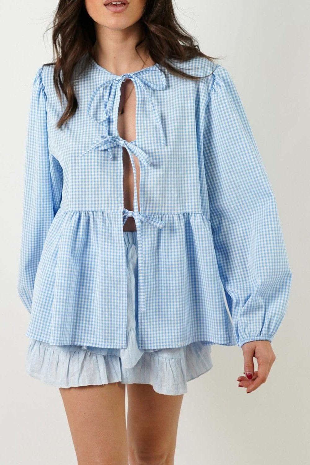 Susan Tied Round Neck Long Sleeve Blouse - SwagglyLife Home & Fashion