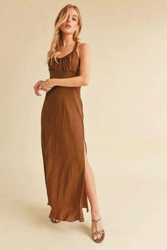 Aemi + Co Ruched Side Slit Cutout Back Maxi Cami Dress - SwagglyLife Home & Fashion