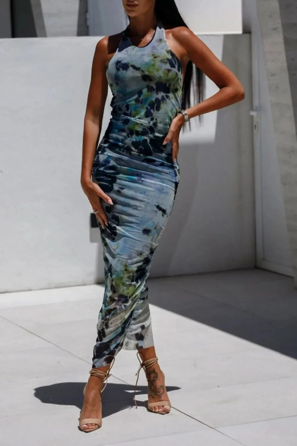 Backless Printed Halter Neck Dress in Dusty Blue - photo