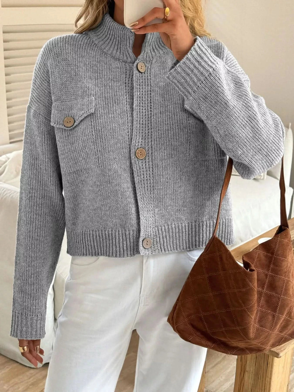 Button-Down Knit Cardigan in Gray - photo