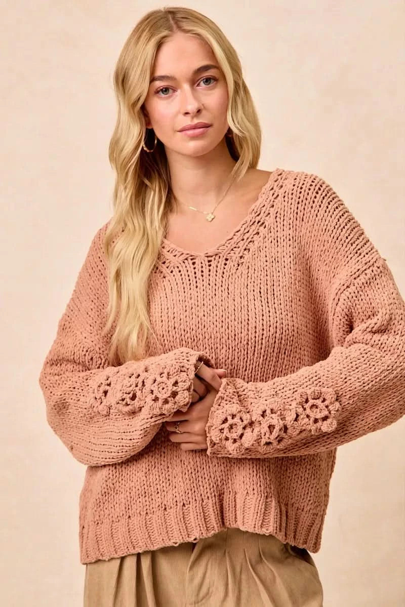 BiBi Chunky Knit Sweater with Flower Detail Sleeves in - photo