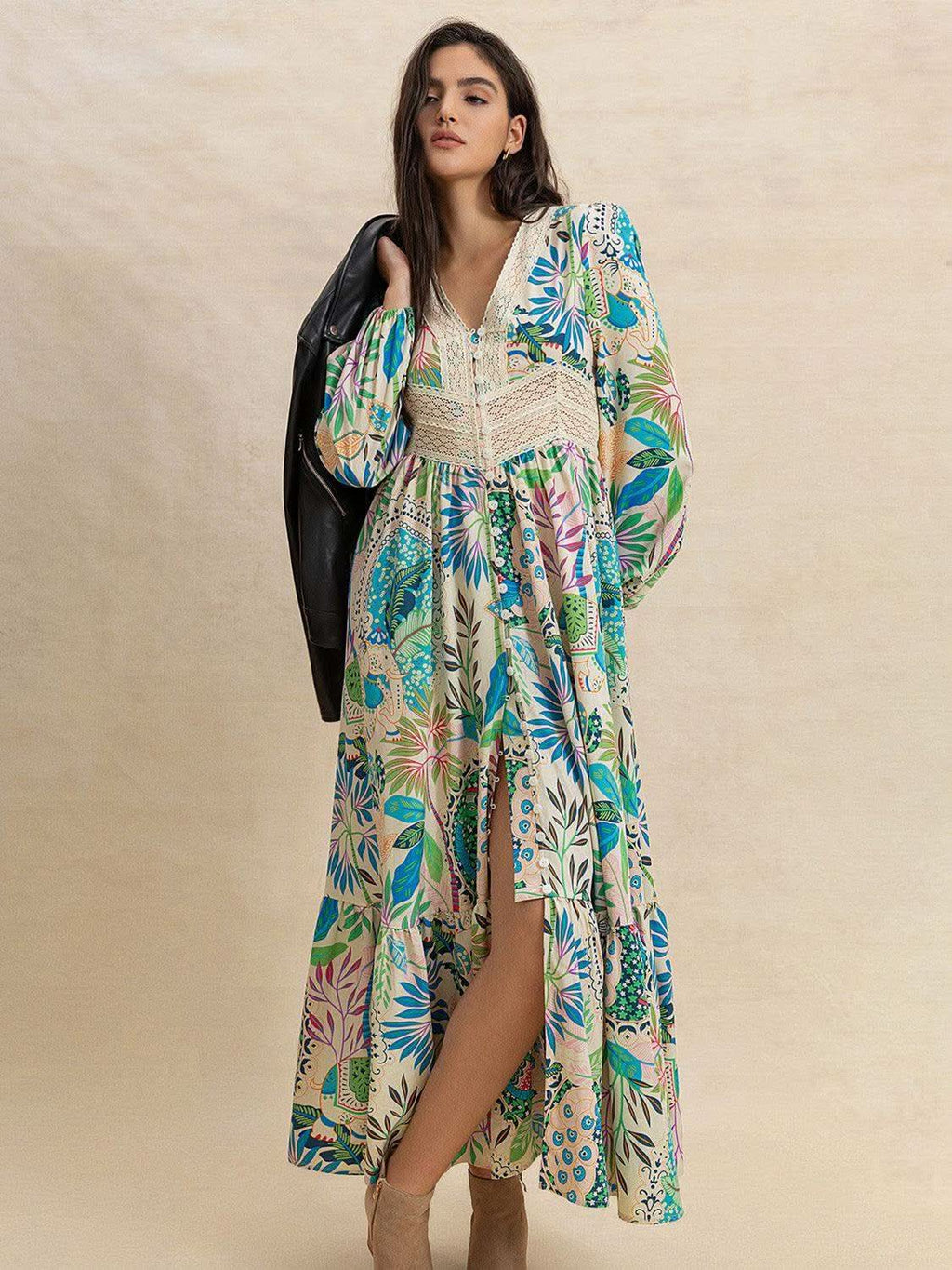 Slit Printed V-Neck Long Sleeve Midi Dress in - Dresses photo
