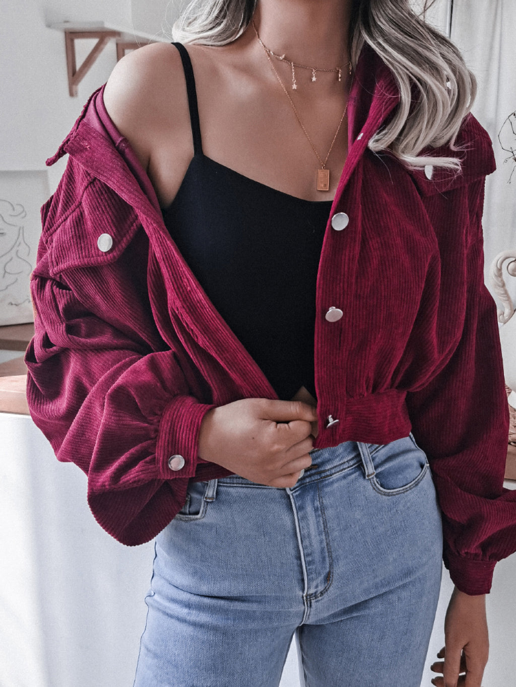 Lantern Sleeve Cropped Corduroy Jacket in - photo
