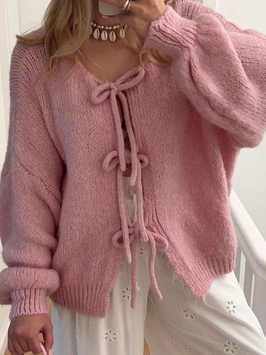 Tied Long Sleeve Dropped Shoulder Cardigan in Dusty Pink - photo
