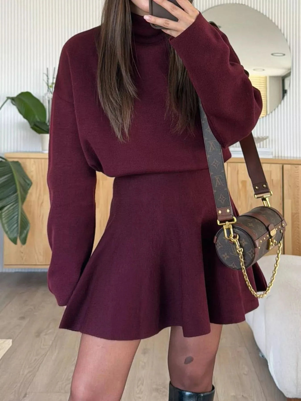 Round Neck Long Sleeve Mini Sweater Dress in - photo