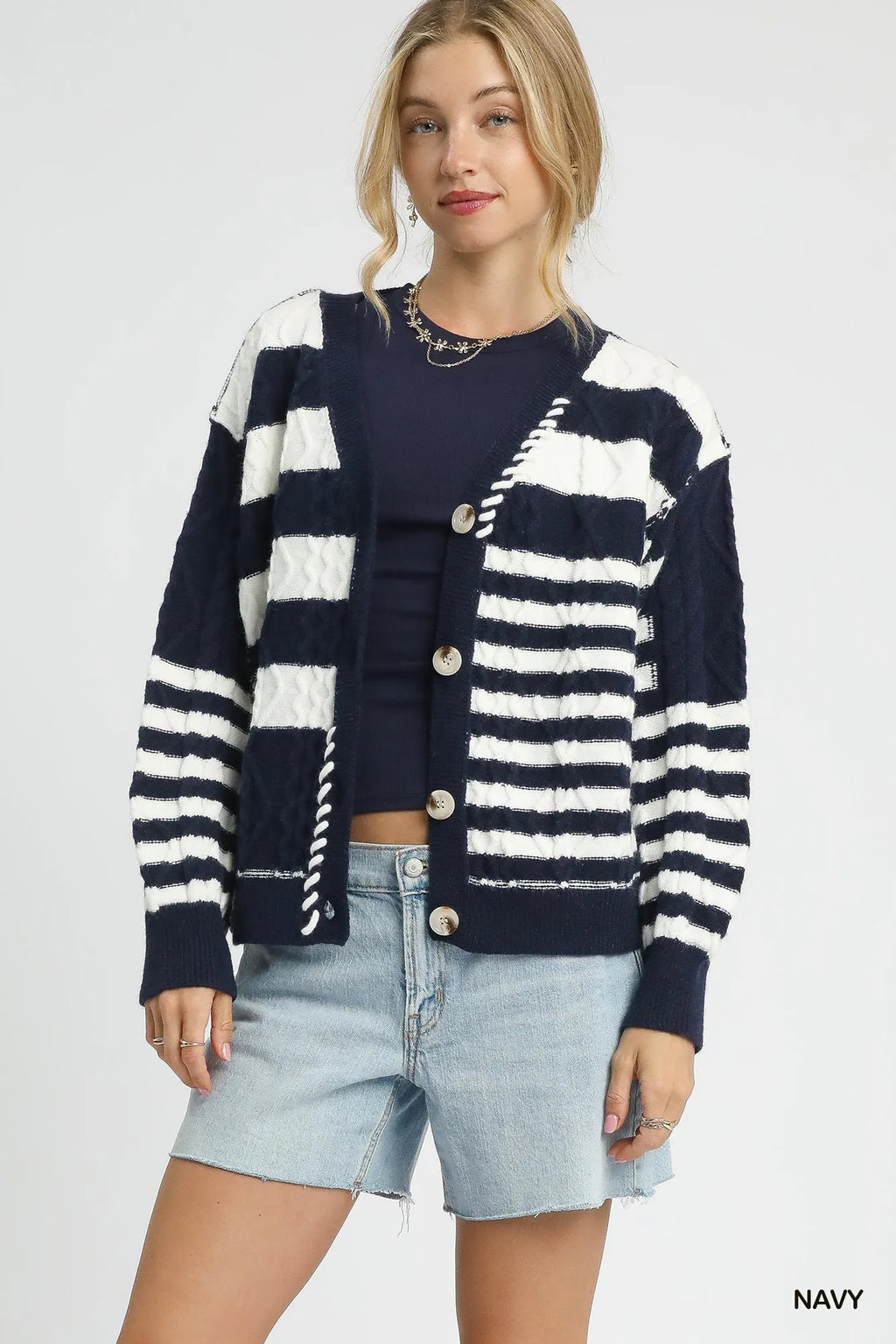 Umgee Cable-Knit Stripe Button-Up Cardigan in Navy - photo