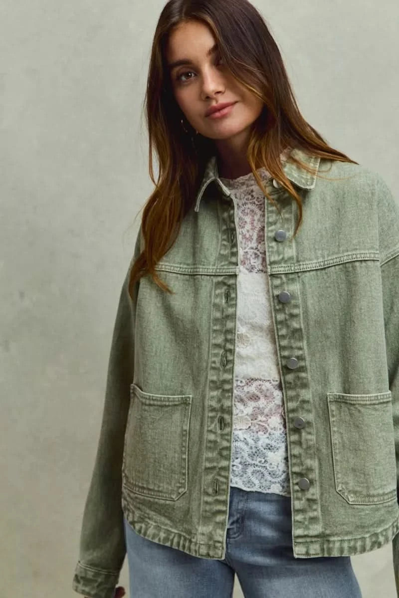SO ME Vintage Washed Button Twill Shacket in - photo