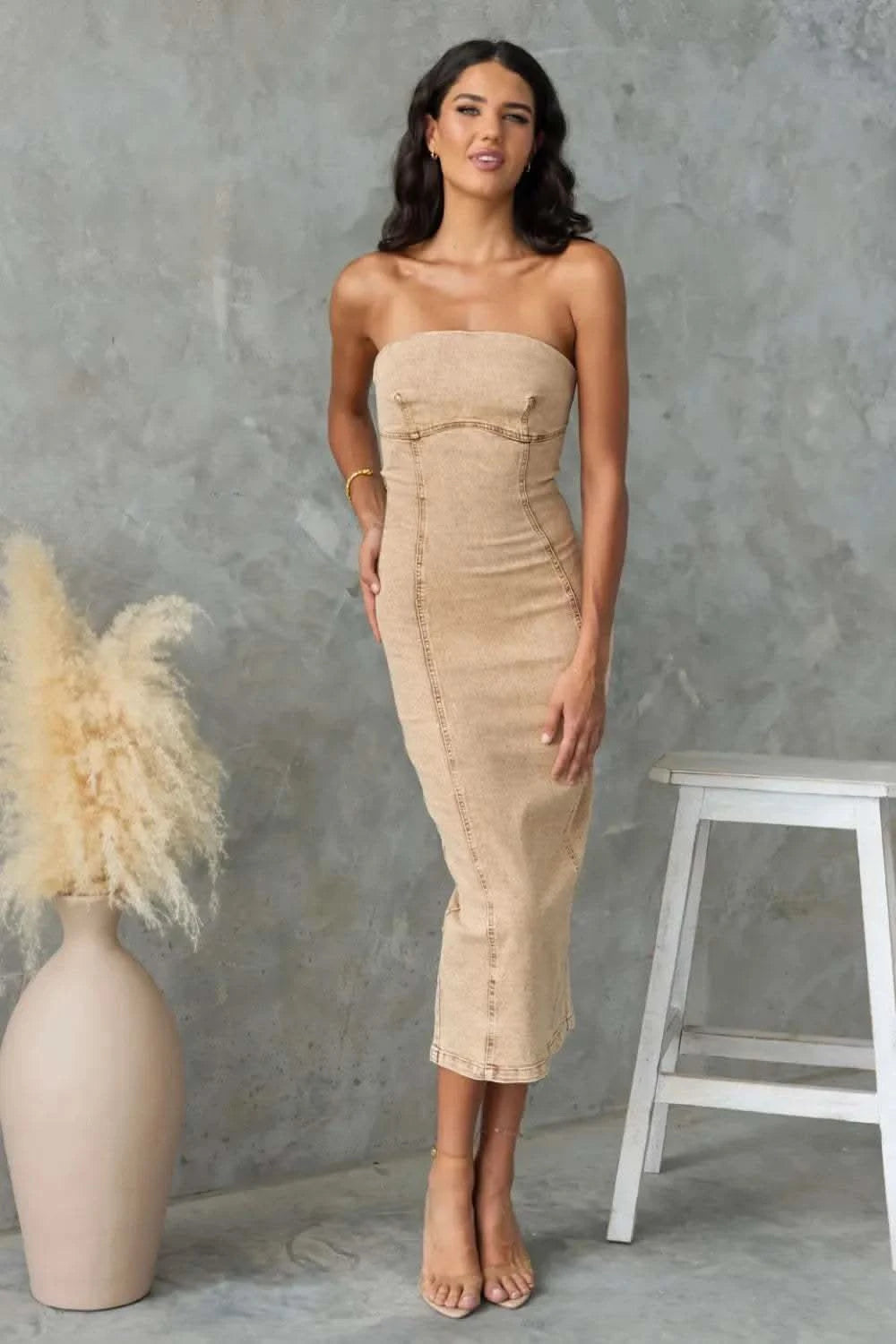 Washed Slit Back Tube Denim Dress in - photo