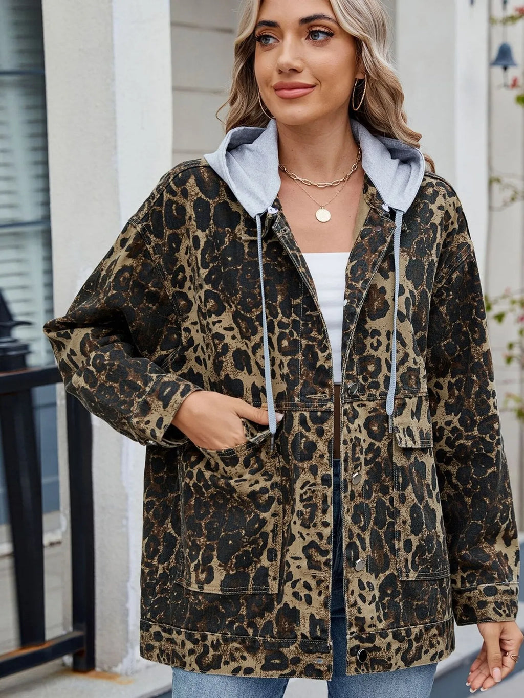 Oversized Button Up Denim Jacket with Hood in Leopard - photo