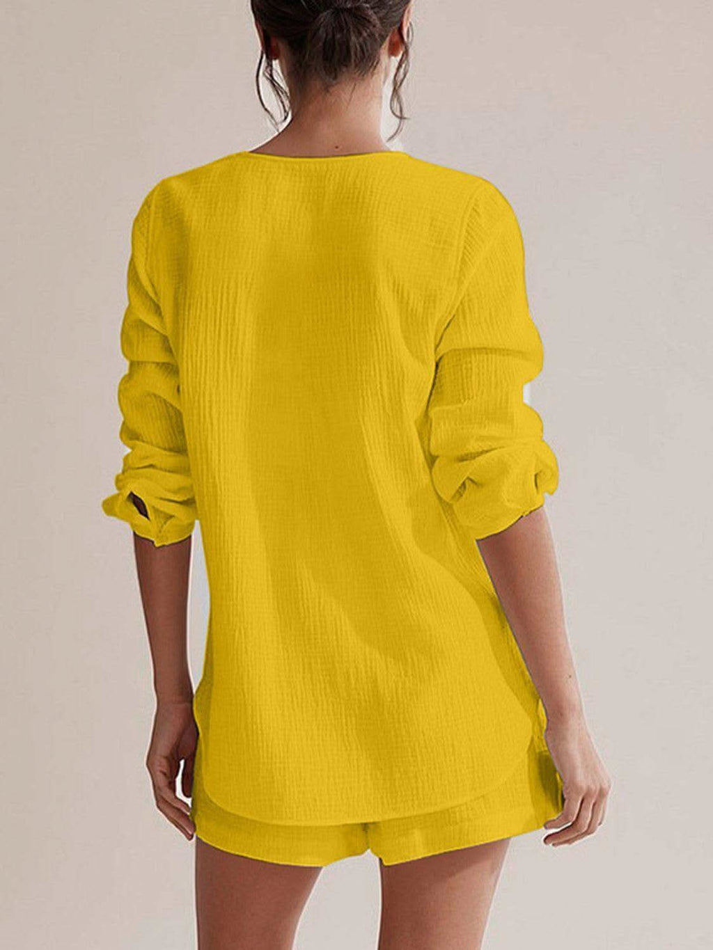 Notched Long Sleeve Top and Shorts Set - SwagglyLife Home & Fashion