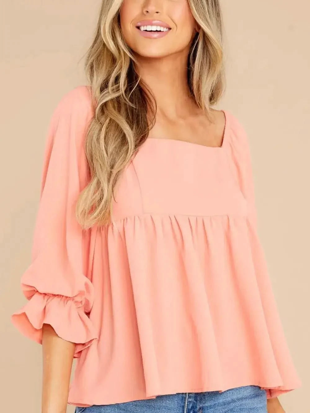 Smocked Square Neck Flounce Sleeve Blouse in - photo