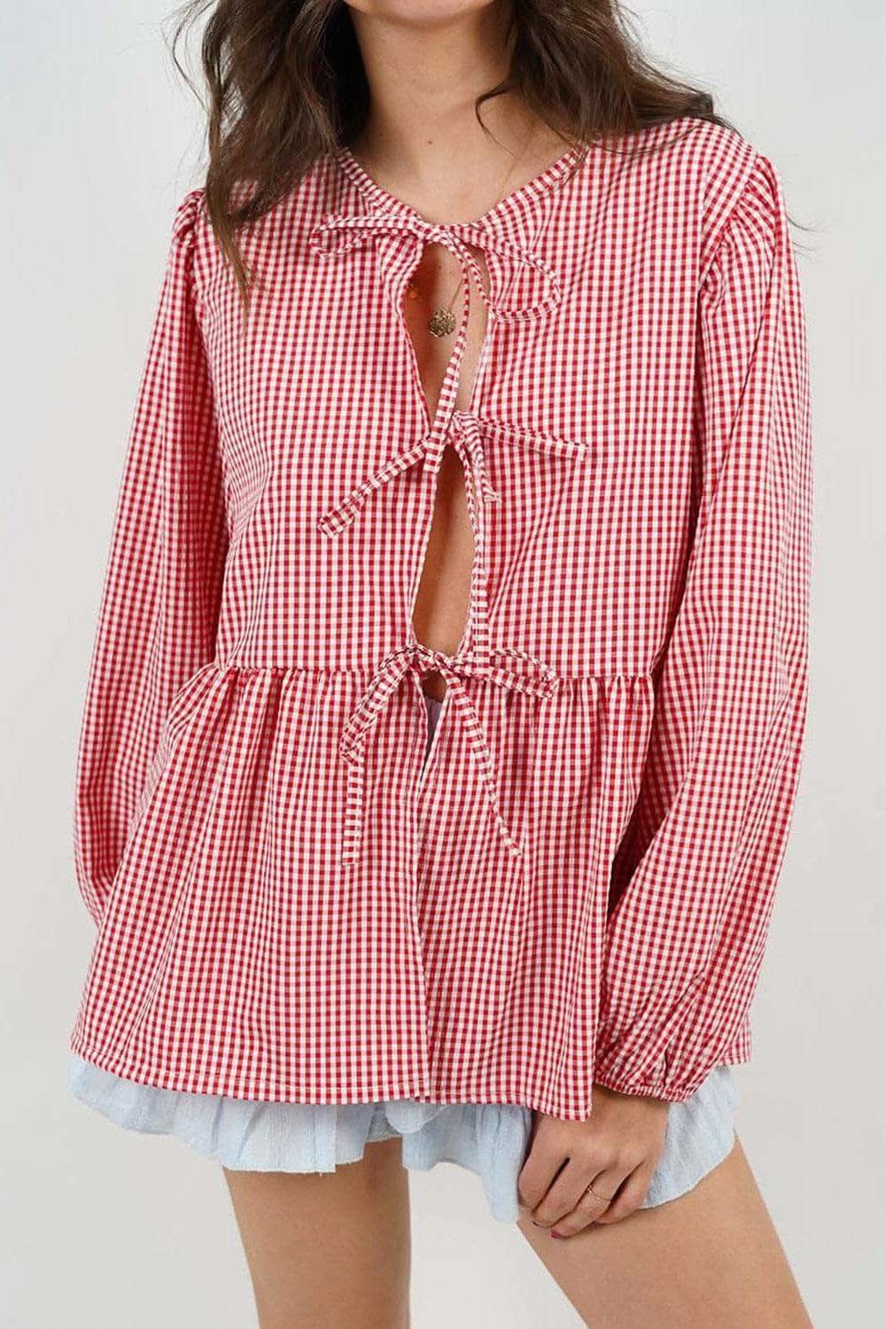 Susan Tied Round Neck Long Sleeve Blouse - SwagglyLife Home & Fashion