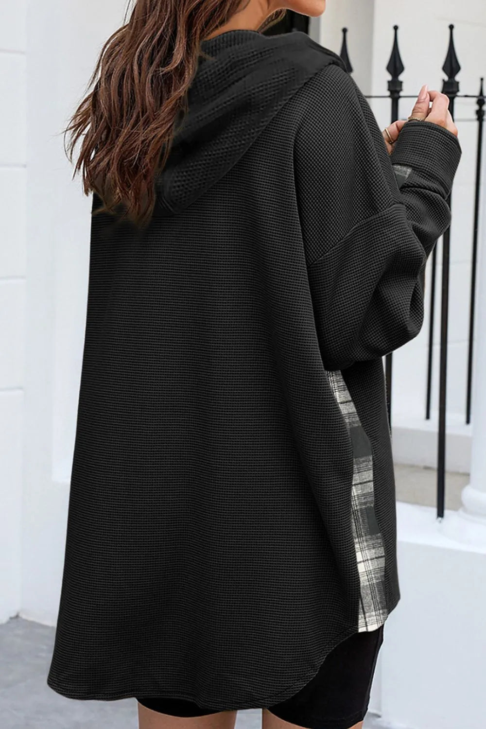 Waffle Knit Plaid Patchwork Drawstring Hooded Shacket in - photo