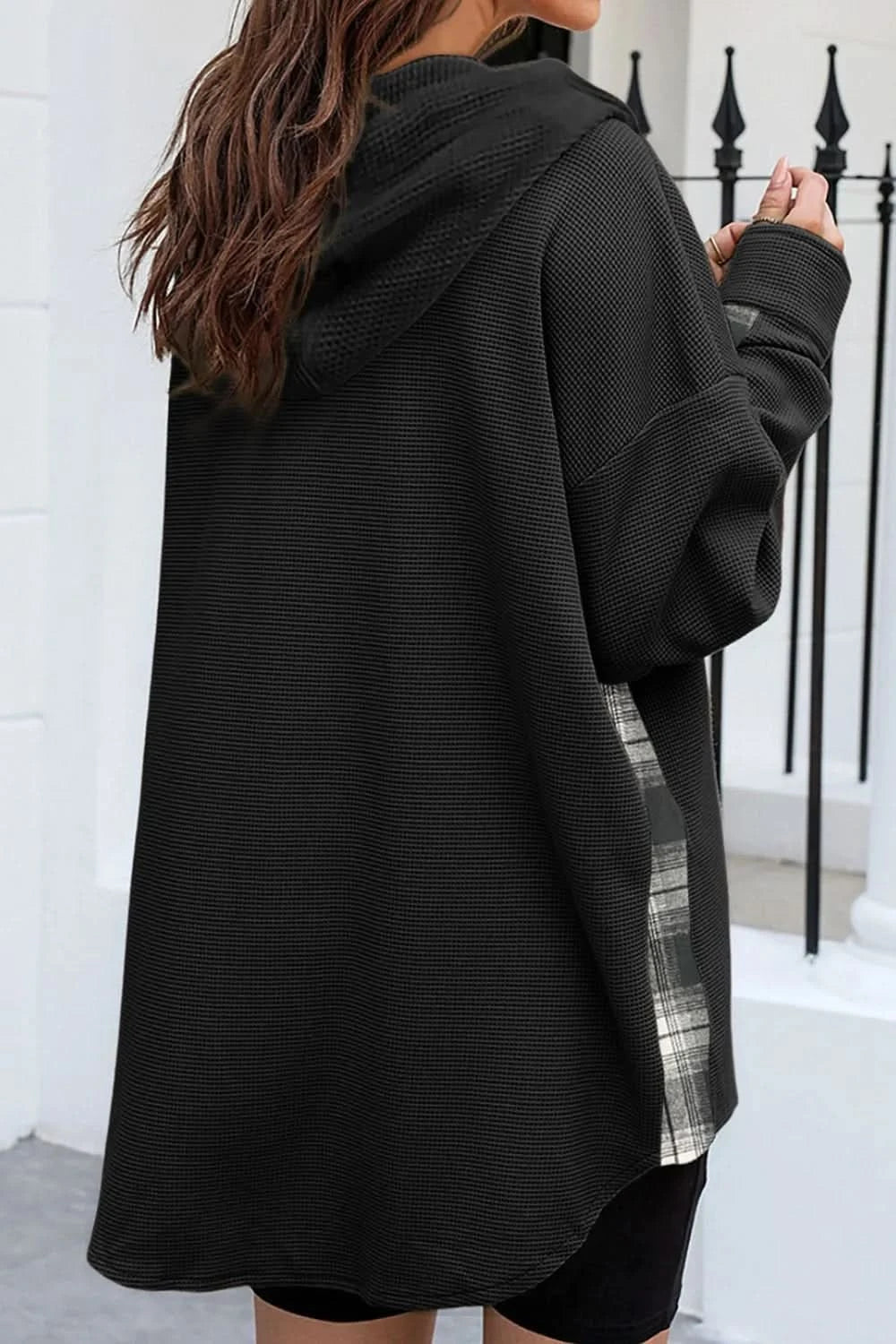 Waffle Knit Plaid Patchwork Drawstring Hooded Shacket in - photo