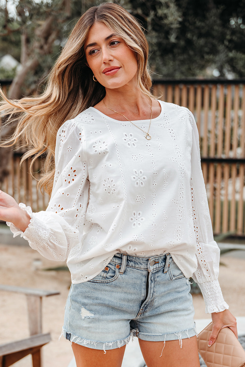 Allison Eyelet Embroidered Smocked Cuff Sheer Blouse in - Tops/Blouses & Shirts photo