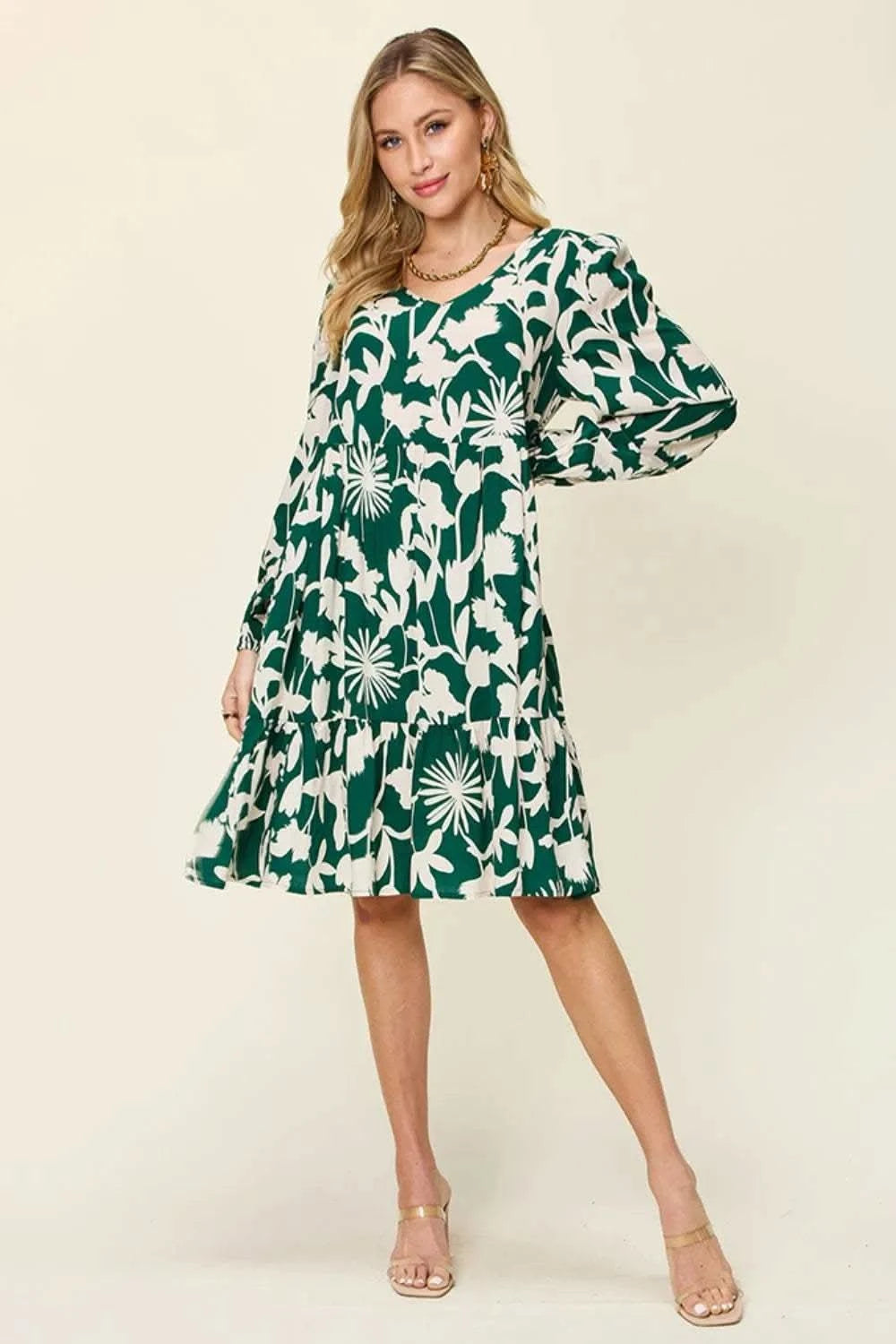 Double Take Full Size Printed Ruffle Hem Dress with Pocket in - photo