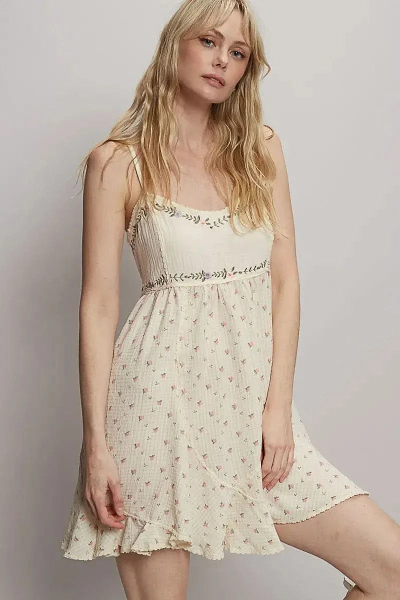 POL Ruffled Hem Floral Print Cami Mini Dress in Cream - photo