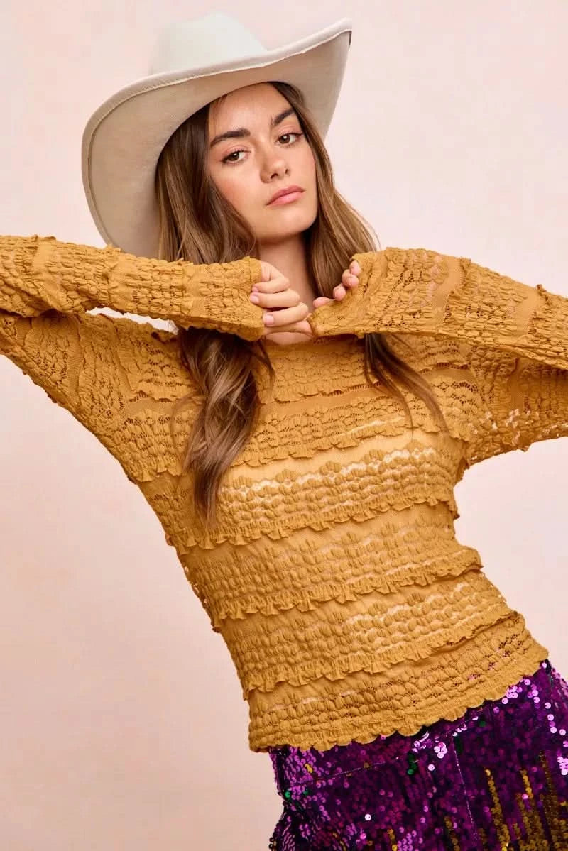 BiBi Ruffles Detail Mardi Gras Color Flower Lace Top in - photo
