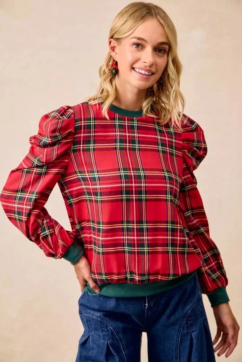BiBi Christmas Plaid Exaggerated Shoulder Sleeves Top in - photo