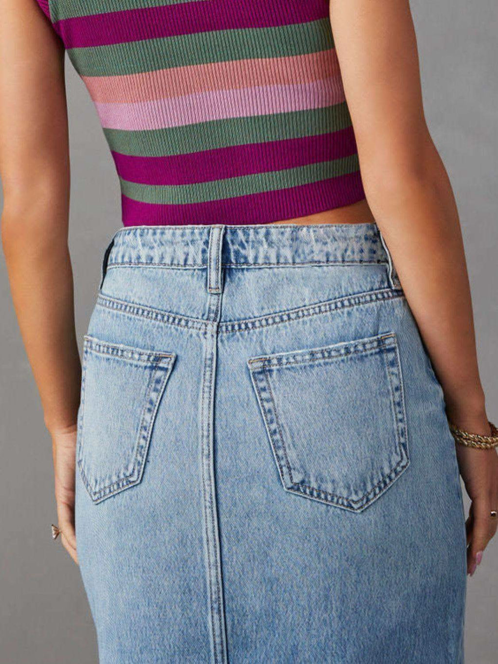 Raw Hem Front Slit Denim Midi Skirt - SwagglyLife Home & Fashion