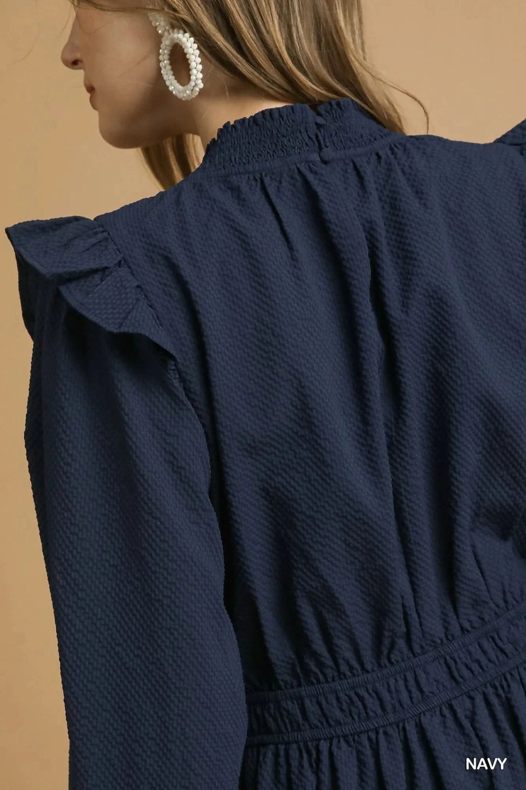 Umgee Textured Midi Dress with Ruffle Shoulder Detail in - photo