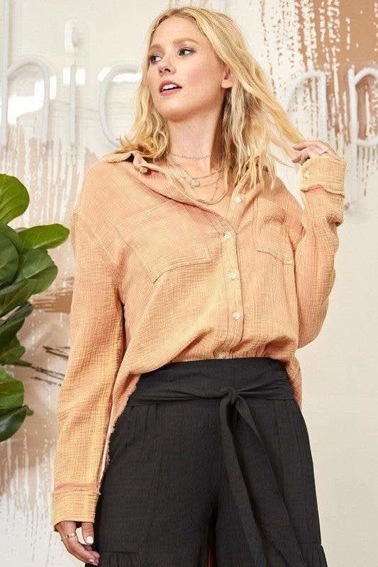 Washing Wrinkled Gauze Button Down Shirt With Rough Edge - SwagglyLife Home & Fashion Washing Wrinkled Gauze Button Down Shirt With Rough Edge - SwagglyLife Home & Fashion